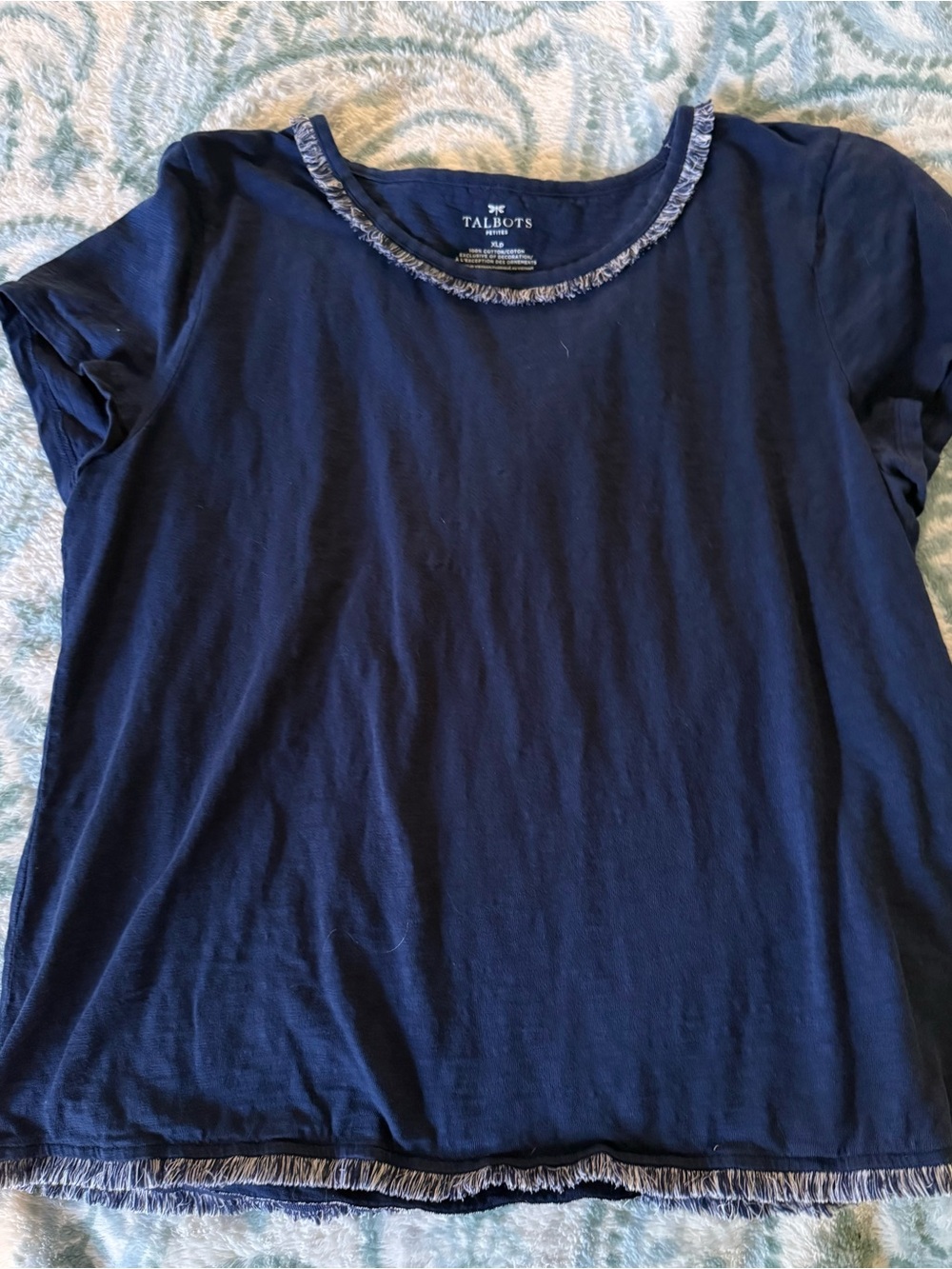 Talbots Navy Short Sleeve Tee with Fringe Trim